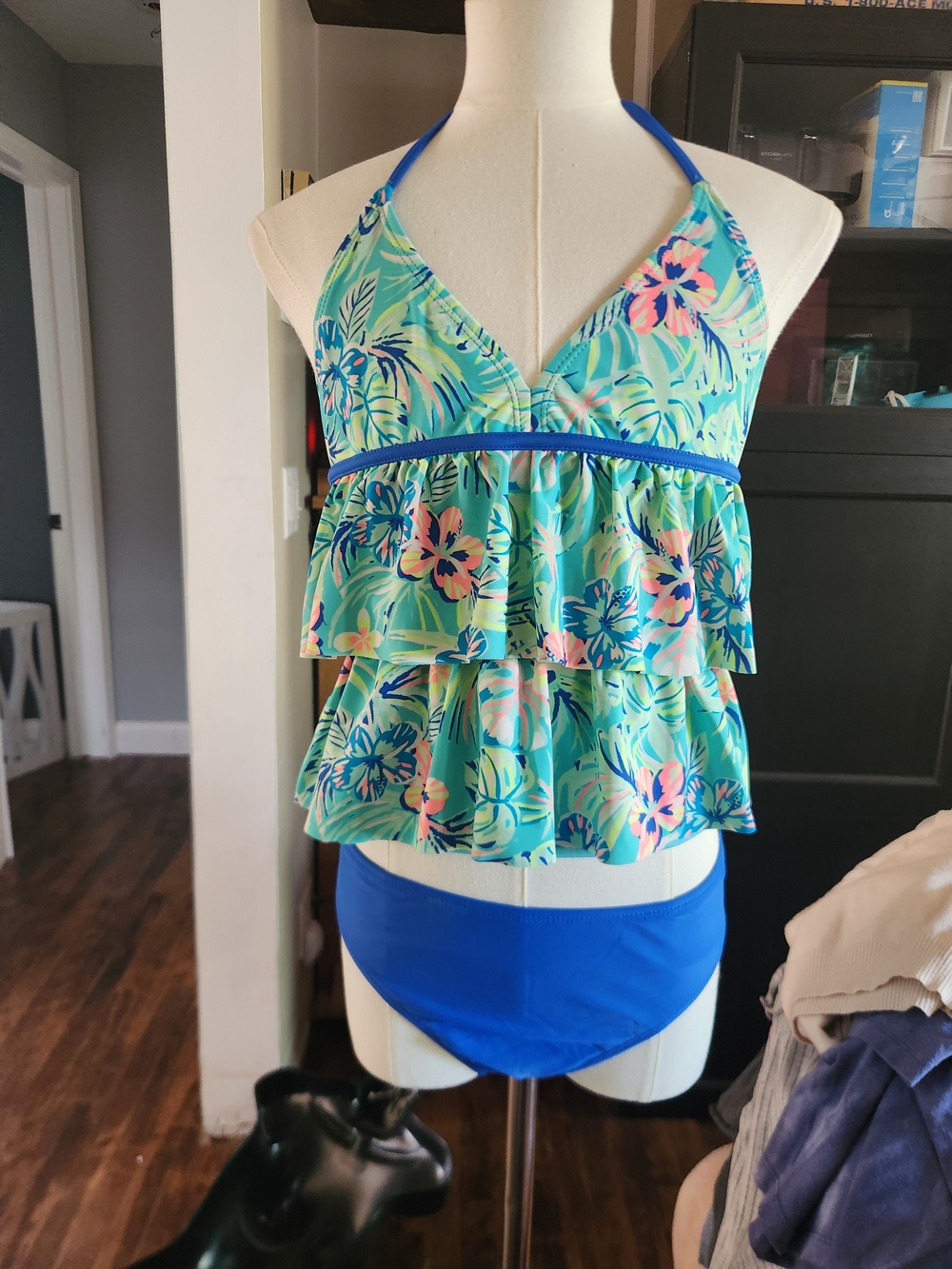 OP Girls Floral Blue & Green Tiered Tankini Bikini